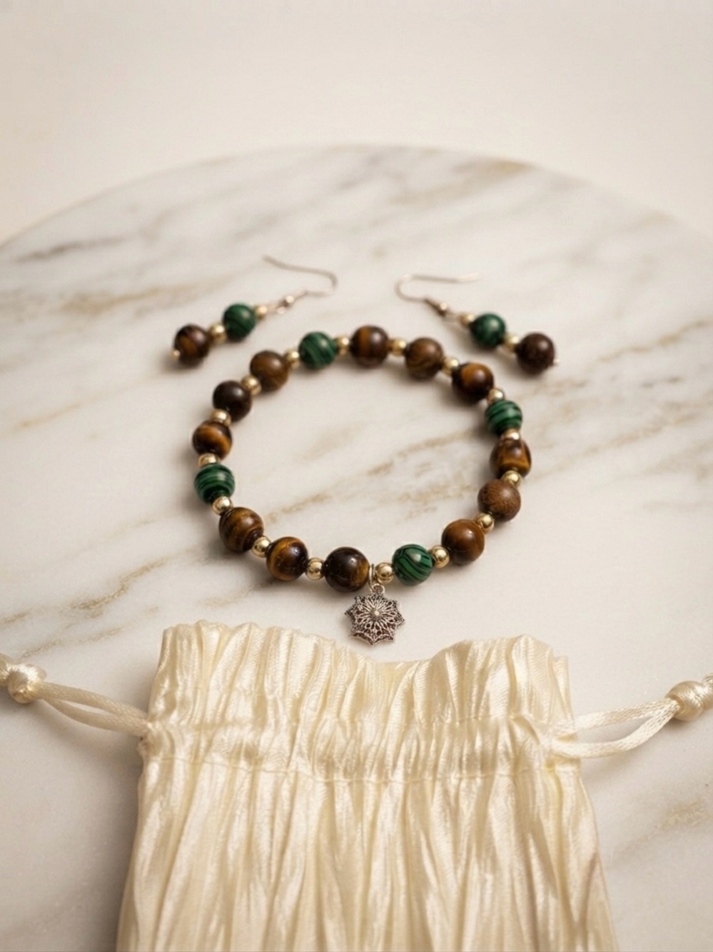 Brown & Green Stone Beaded Bracelet & Earrings Jewelry Set